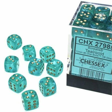 TIME2PLAY 12 mm D6 Cube Borealis Luminary Dice, Teal with Gold Numbers, 36PK TI3301155